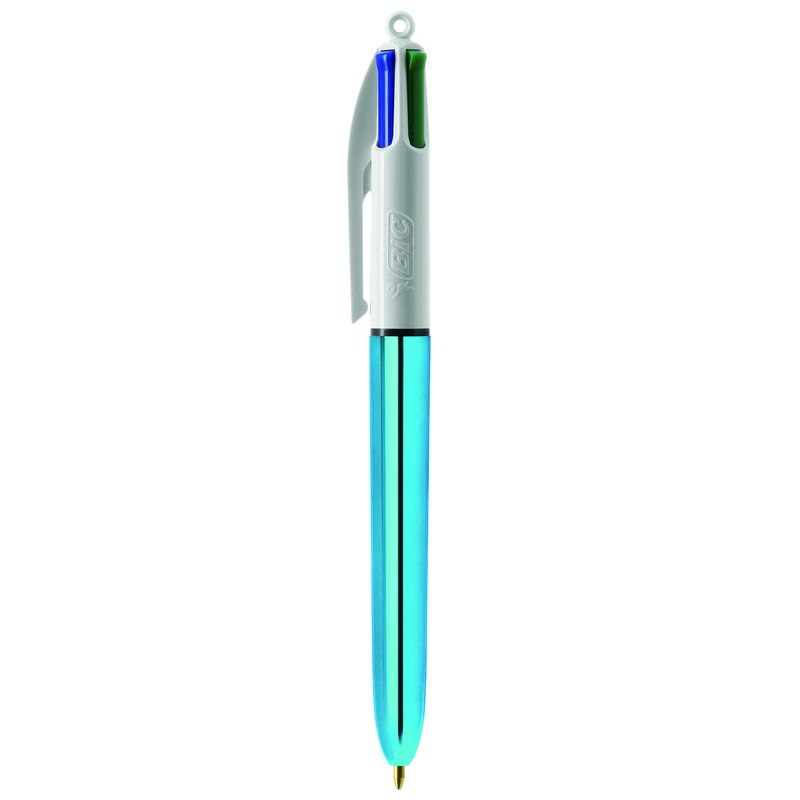 Stylo BIC® 4 Couleurs Publicitaire | Shine Bille | KelCom Blanc Bleu métallique