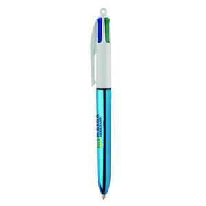 Stylo BIC® 4 Couleurs Publicitaire | Shine Bille | KelCom Blanc Bleu métallique 4