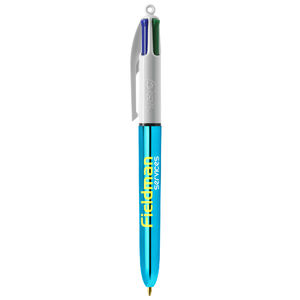 Stylo BIC® publicitaire | 4 couleurs Shine bille avec tour de cou | KelCom Blanc Bleu métallique 3